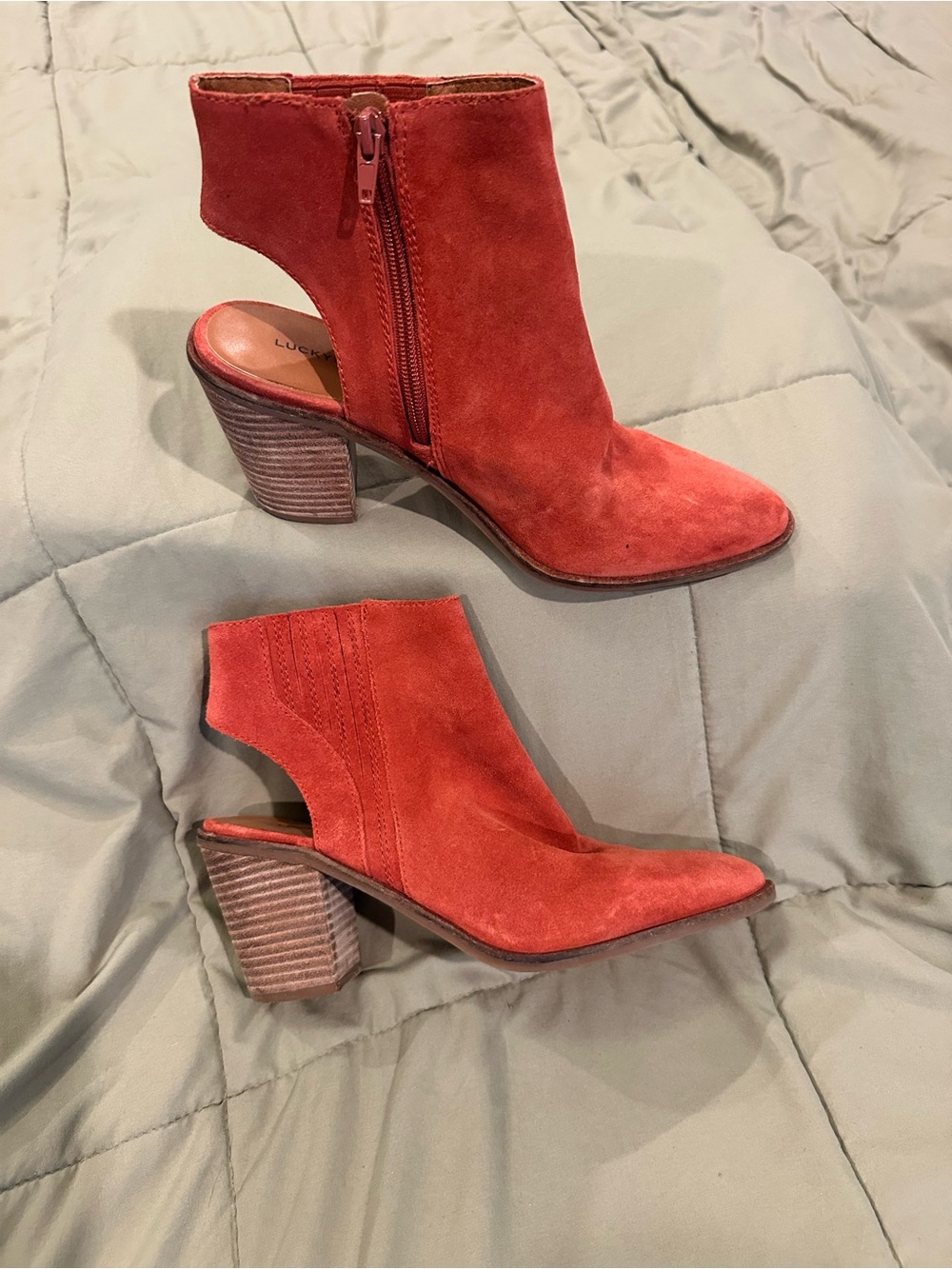 Lucky Brand Red Suede Open-Back Heeled Ankle Boots